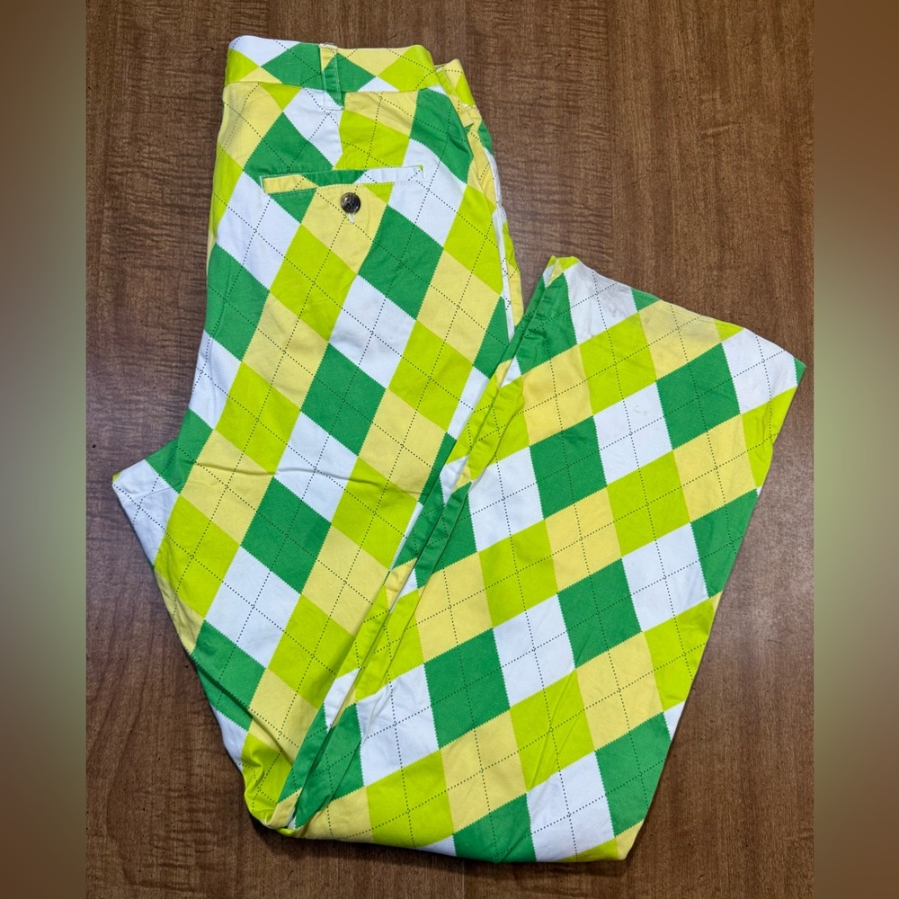 Loudmouth Golf Pants Men's 32 A-Tisket A-Tasket Argyle Green Yellow White
